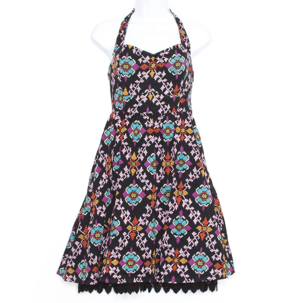 Edme & Esyllte Dress Y2K Boho Cottage Fairy Abstract Retro Floral Halter Black 4